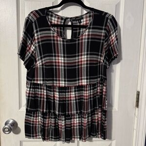 Torrid Black & Red Plaid Shirred Hem Top